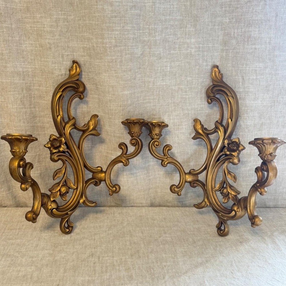 Vintage 1964 Dart Industries Gold Wall Sconce Candle Holders Pair Ornate Rococo